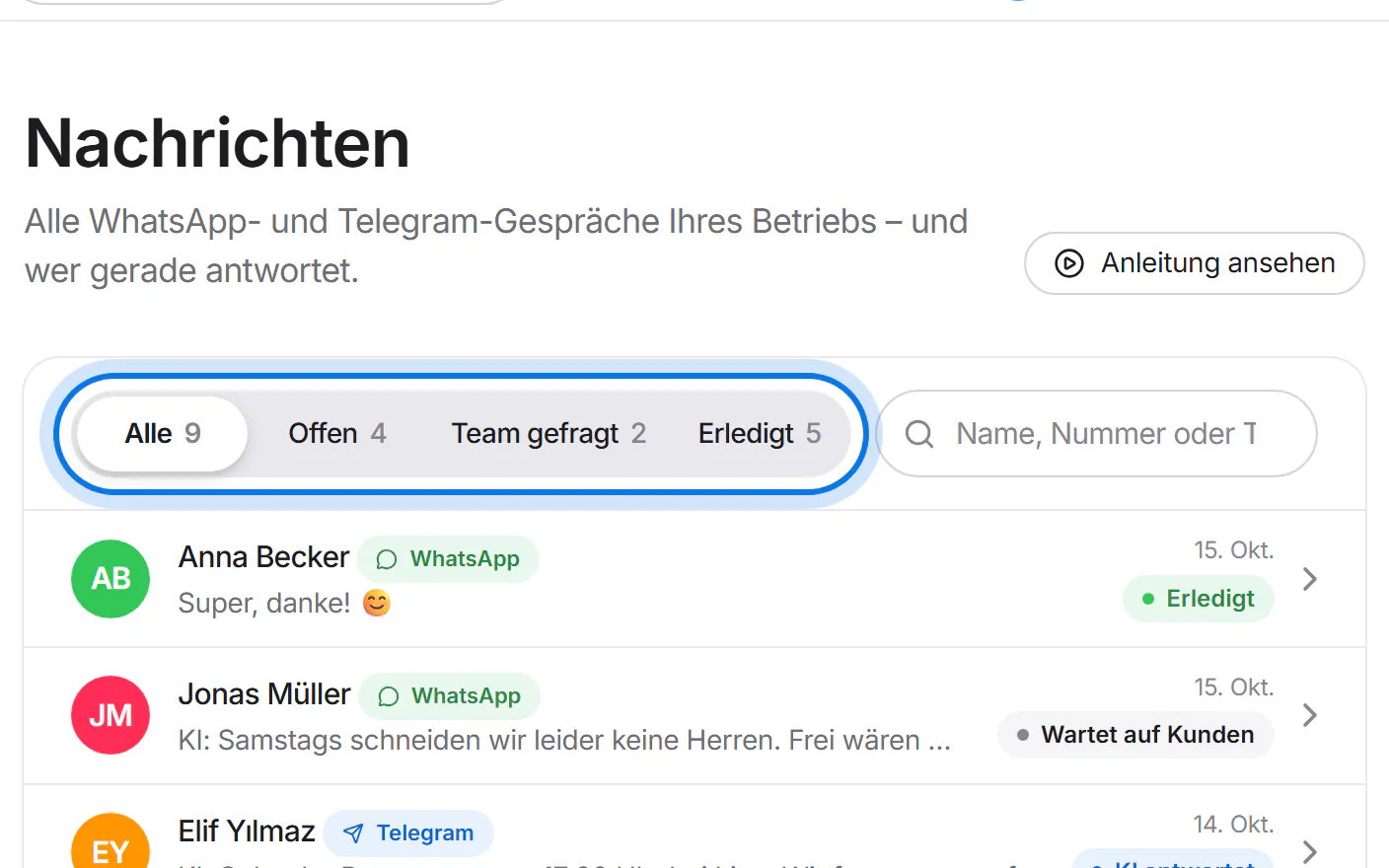 Die Filterleiste mit „Alle“, „Offen“, „Team gefragt“ und „Erledigt“, markiert, daneben das Suchfeld.