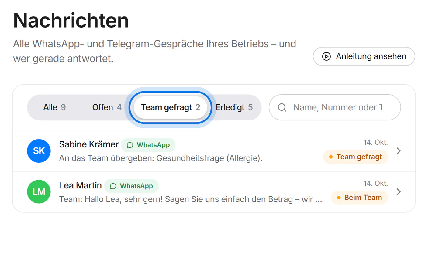 Der Filter „Team gefragt“ ist gewählt und markiert, darunter die passenden Gespräche.