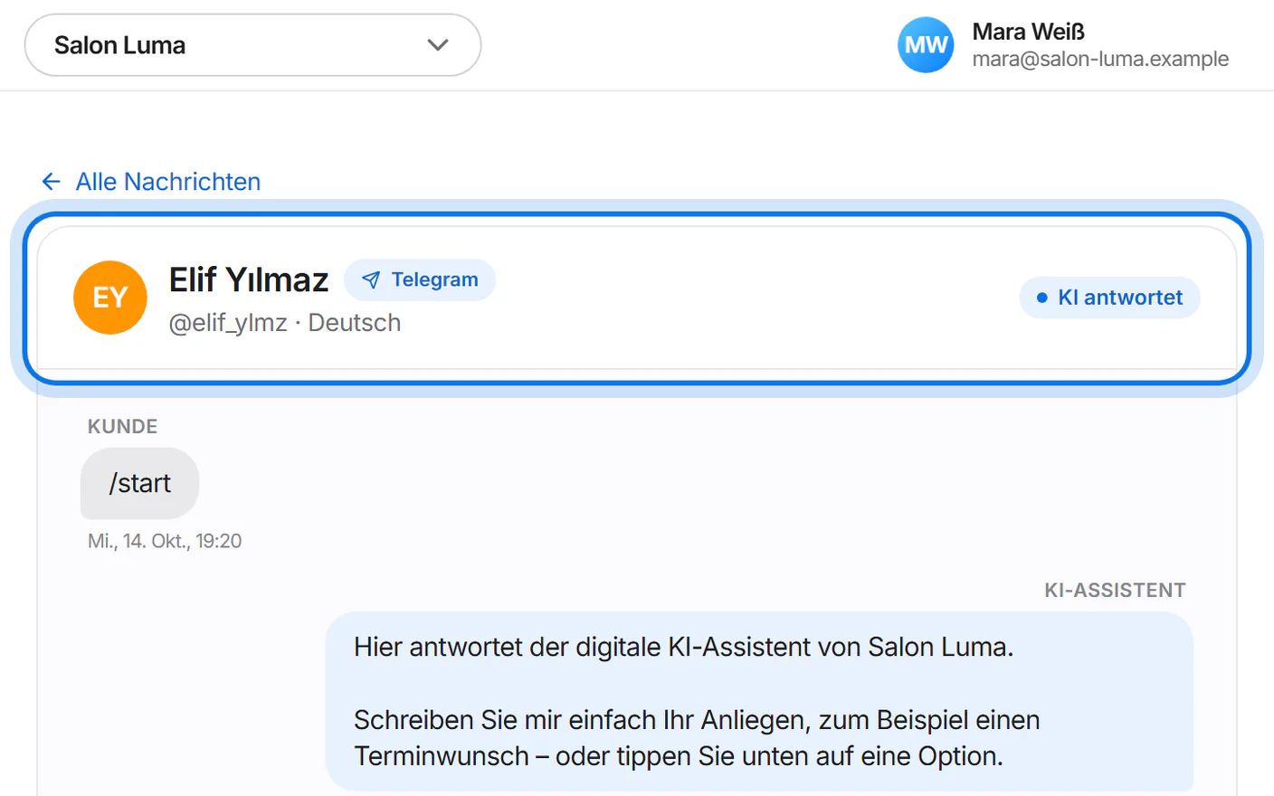 Kopf eines Telegram-Gesprächs: „Elif Yılmaz“, das Zeichen „Telegram“ und „@elif_ylmz · Deutsch“, markiert.