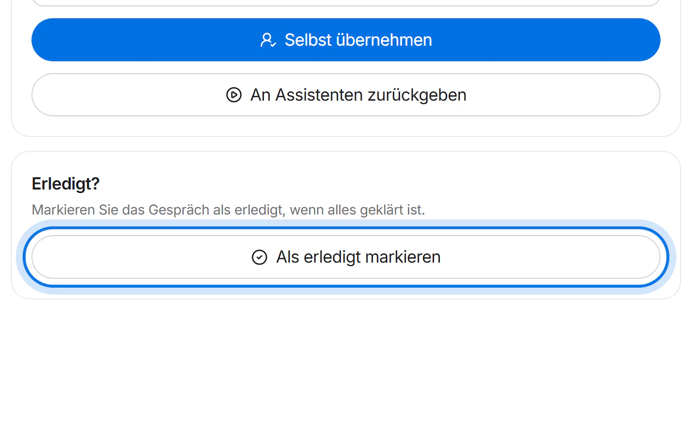 Bereich „Erledigt?“ mit dem markierten Knopf „Als erledigt markieren“.