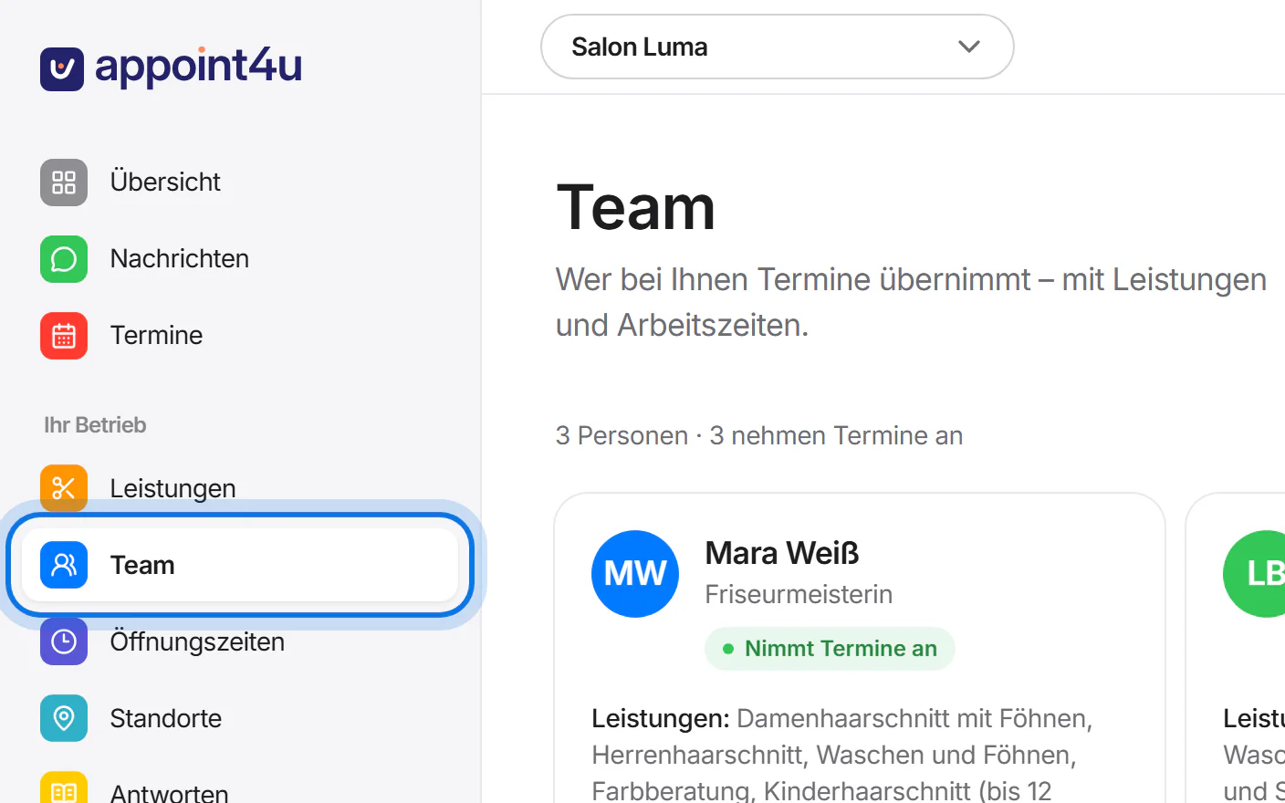 Menü des Kundenbereichs, der Eintrag „Team“ ist markiert.