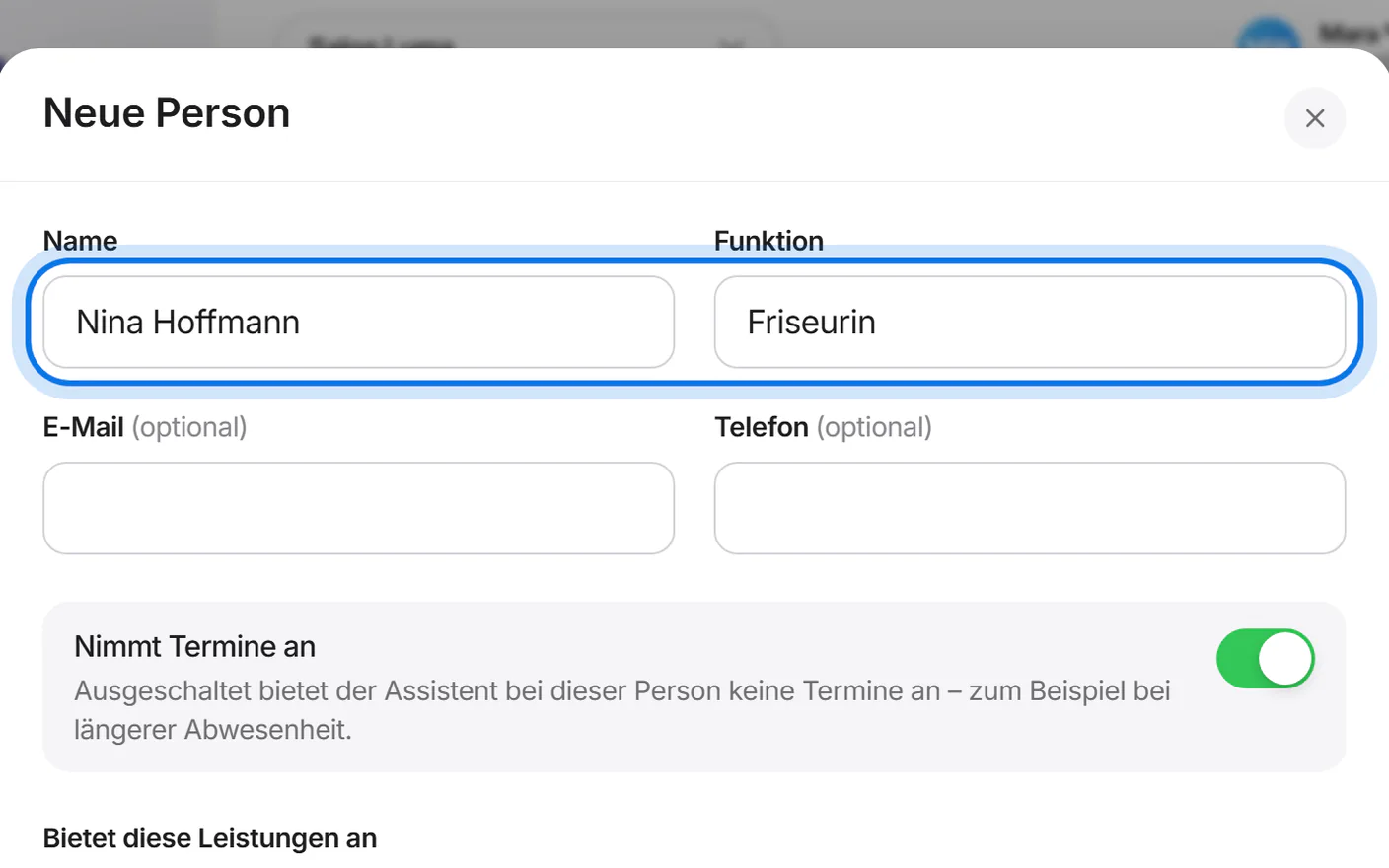 Fenster „Neue Person“: Name „Nina Hoffmann“ und Funktion „Friseurin“ sind markiert.