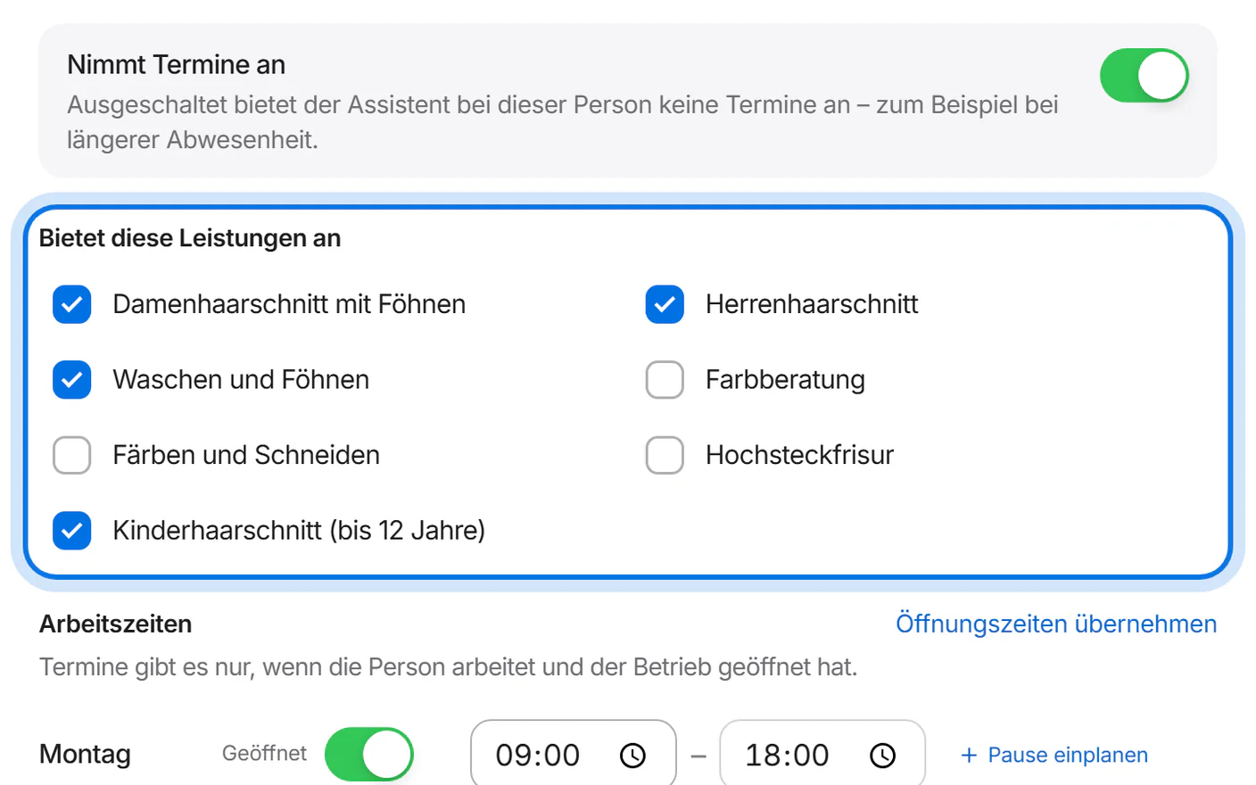 Liste „Bietet diese Leistungen an“: drei Leistungen sind abgewählt, die übrigen angehakt.