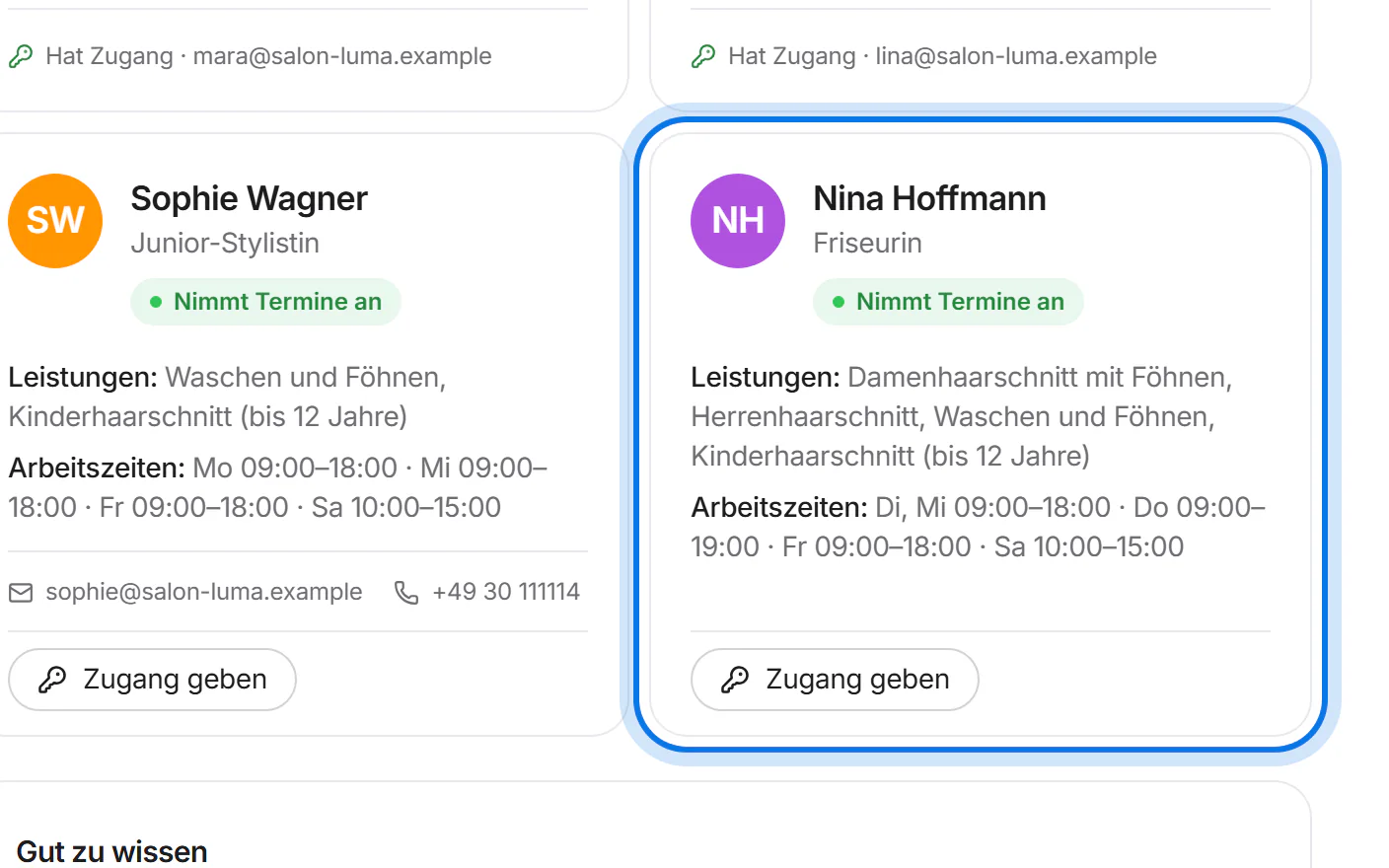 Die neue Karte „Nina Hoffmann“ mit Leistungen und Arbeitszeiten ist markiert.