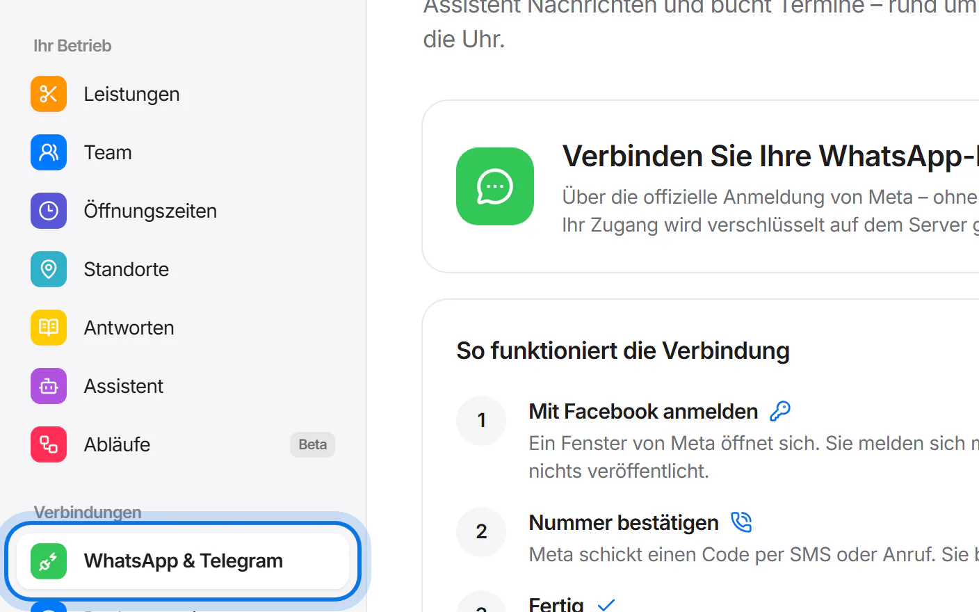 Menü des Kundenbereichs, der Eintrag „WhatsApp & Telegram“ ist markiert.