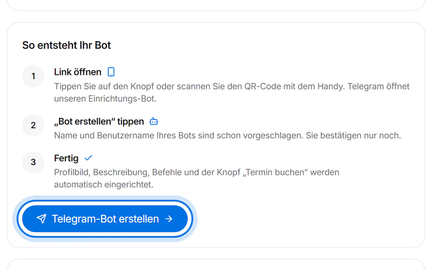 Bereich „So entsteht Ihr Bot“ mit drei Schritten, der blaue Knopf „Telegram-Bot erstellen“ ist markiert.