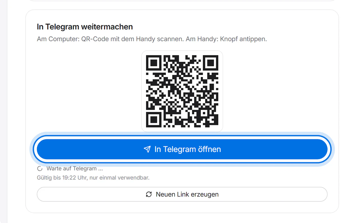 Kasten „In Telegram weitermachen“ mit QR-Code und dem Knopf „In Telegram öffnen“, markiert.