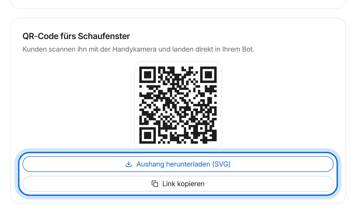 Kasten „QR-Code fürs Schaufenster“ mit QR-Code; die Knöpfe „Aushang herunterladen (SVG)“ und „Link kopieren“ sind markiert.