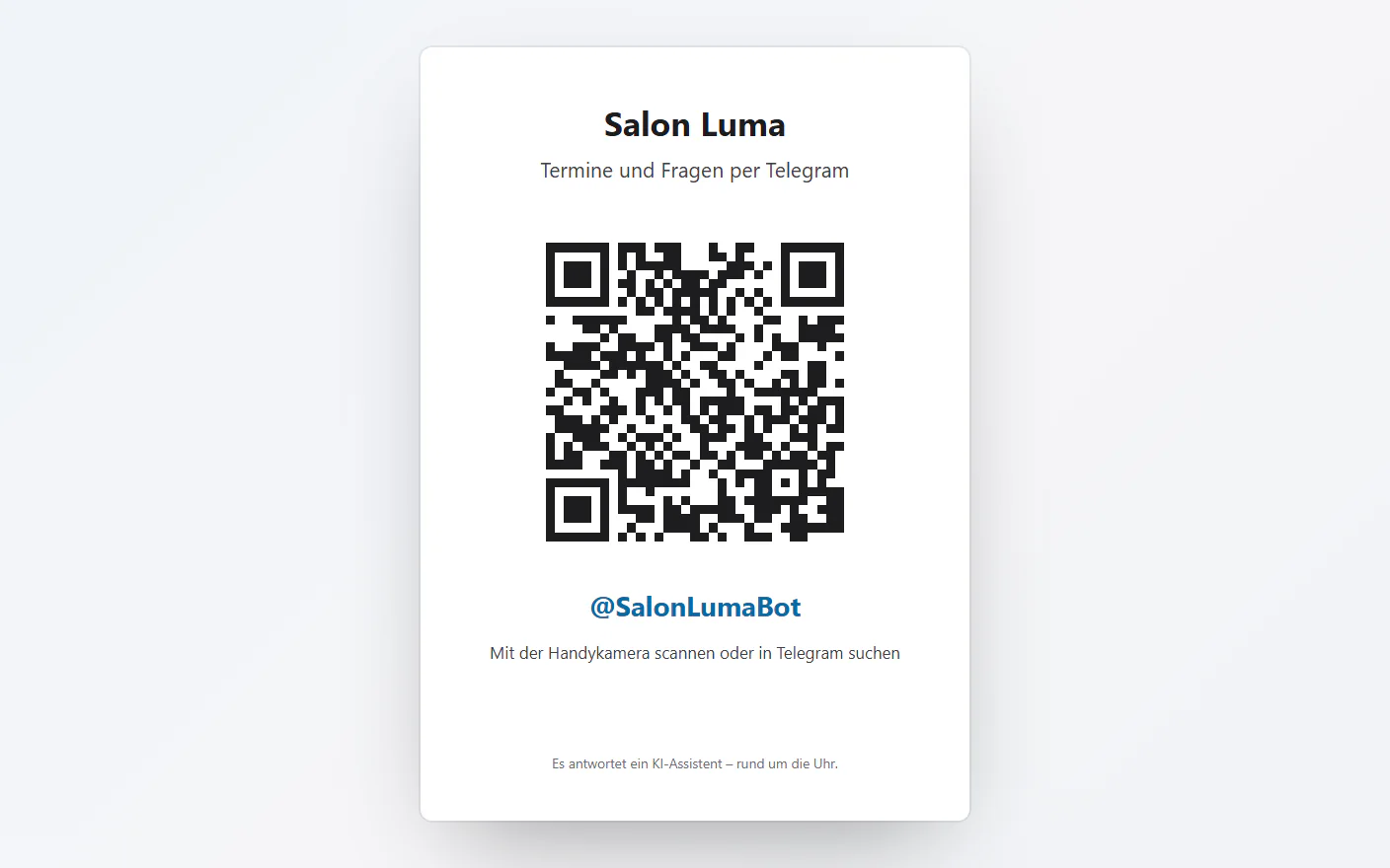Der Aushang: „Salon Luma“, „Termine und Fragen per Telegram“, ein QR-Code und @SalonLumaBot.