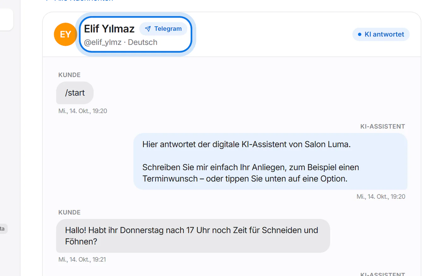 Telegram-Gespräch im Posteingang: neben dem Namen das Zeichen „Telegram“, darunter „@elif_ylmz“, markiert.