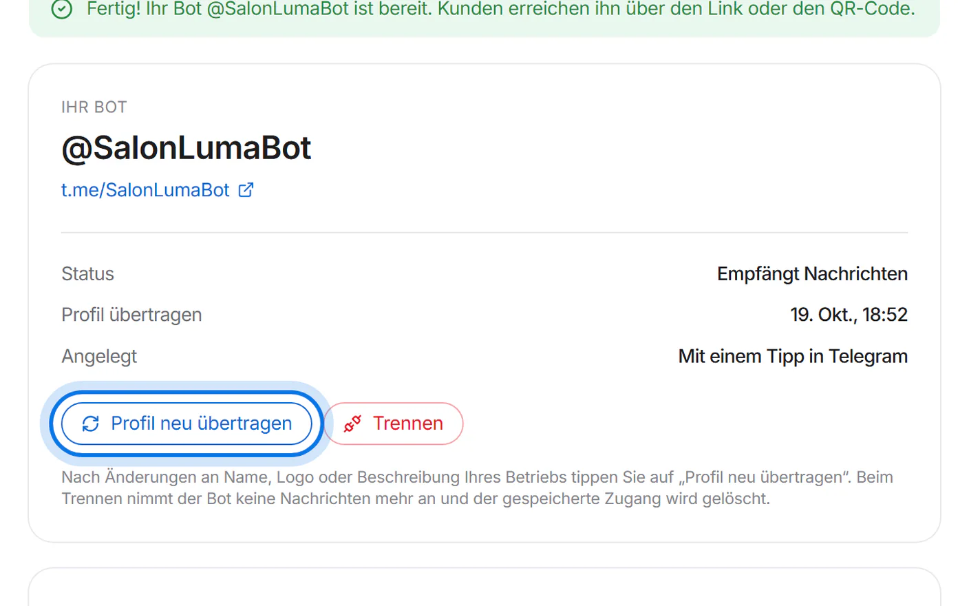 Bereich „Ihr Bot“, der Knopf „Profil neu übertragen“ ist markiert.