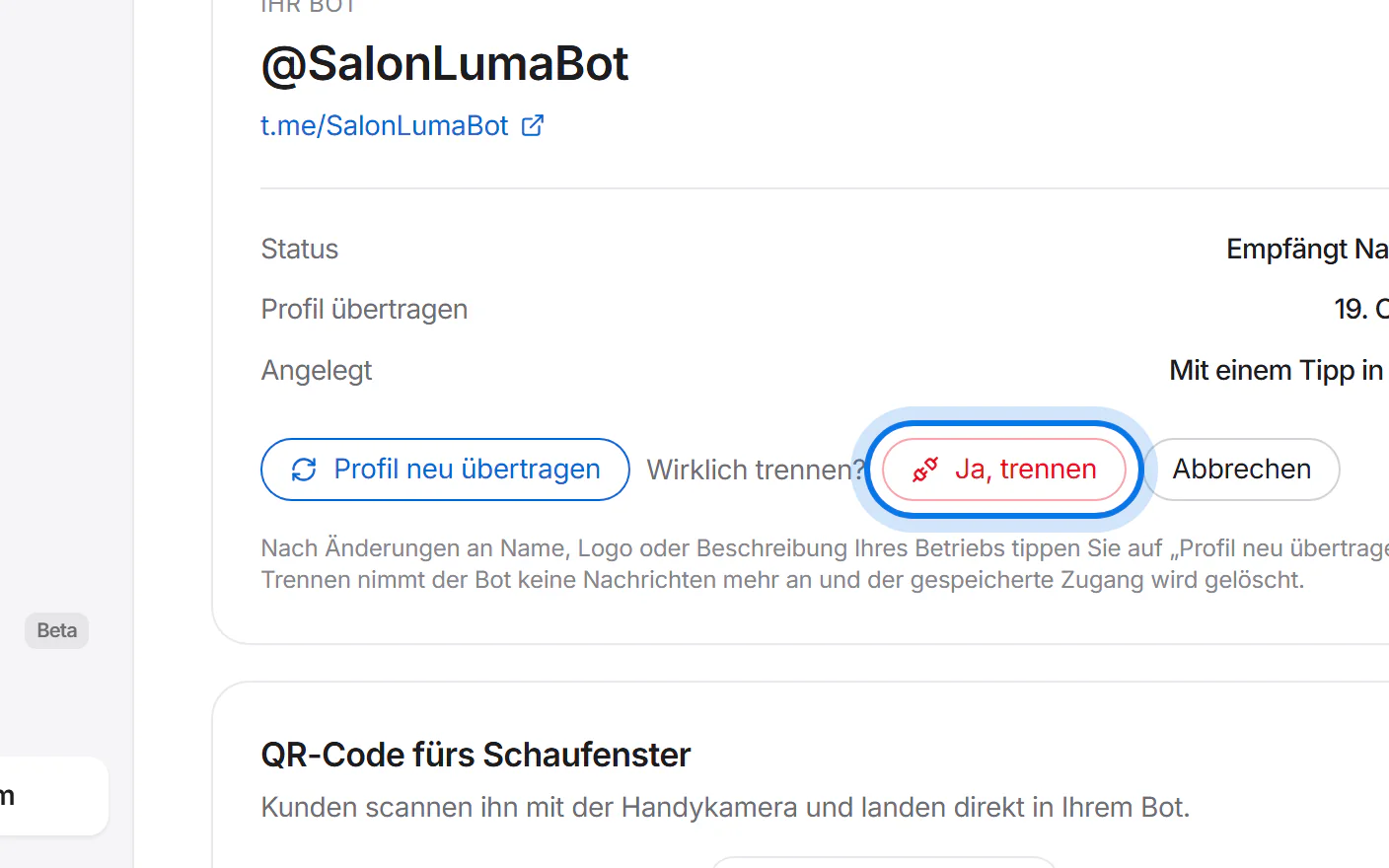 Rückfrage „Wirklich trennen?“ mit dem markierten Knopf „Ja, trennen“.