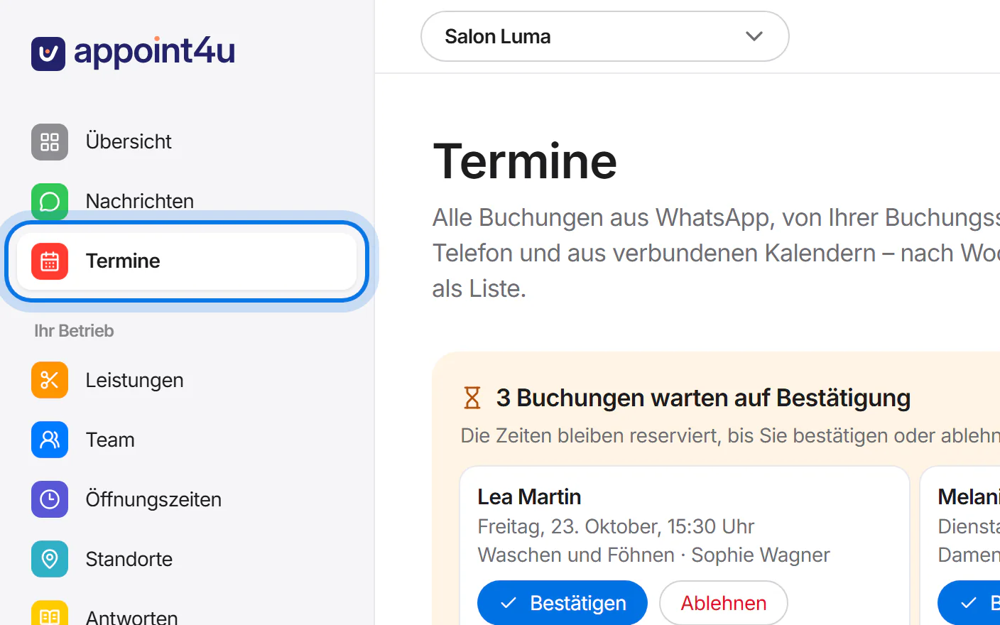 Menü des Kundenbereichs, der Eintrag „Termine“ ist markiert.