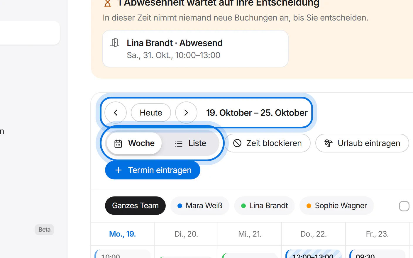 Leiste mit Pfeilen, „Heute“, dem Zeitraum und dem Umschalter „Woche“ oder „Liste“, markiert.