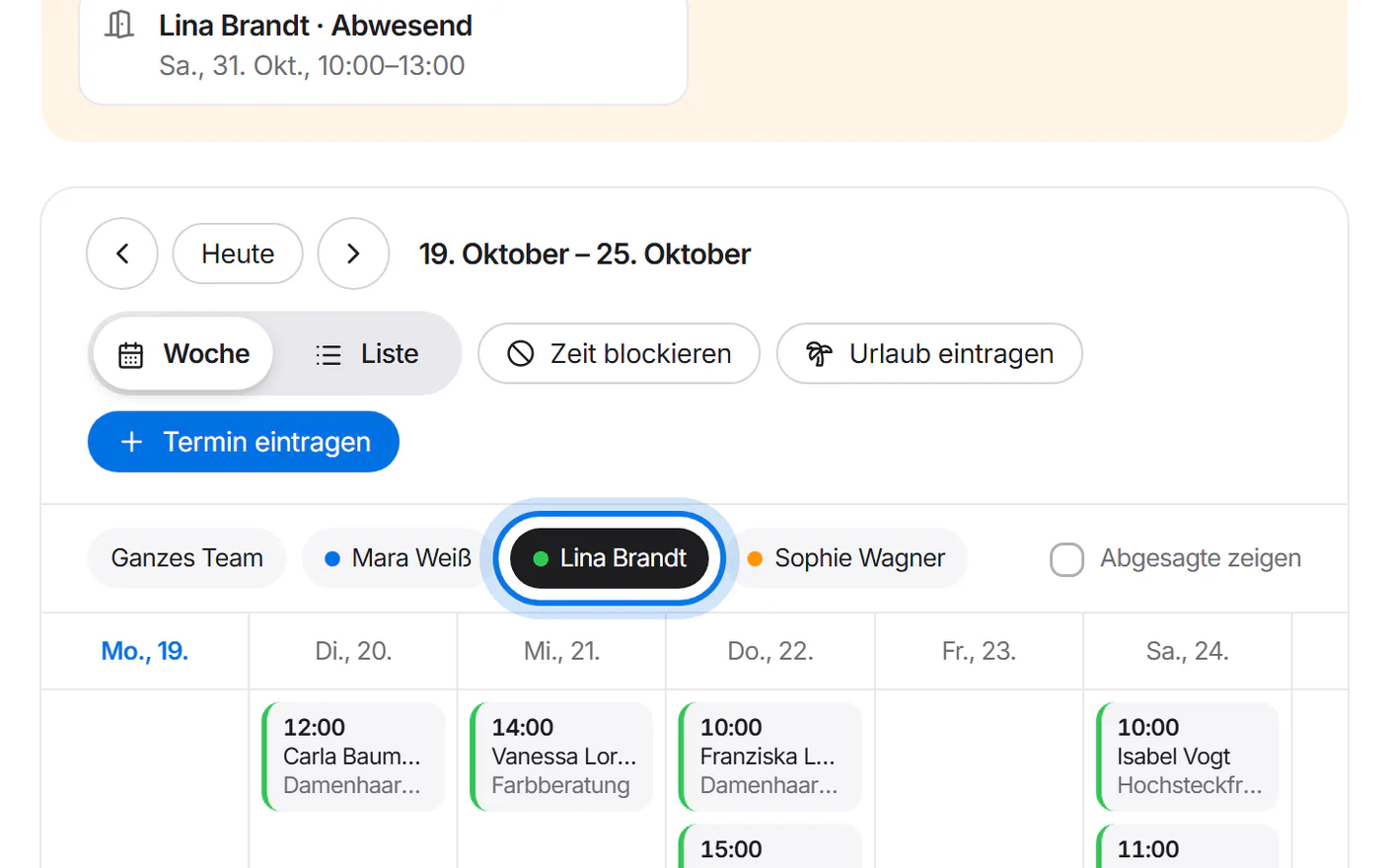 Filter nach Personen; „Lina Brandt“ ist gewählt und markiert.
