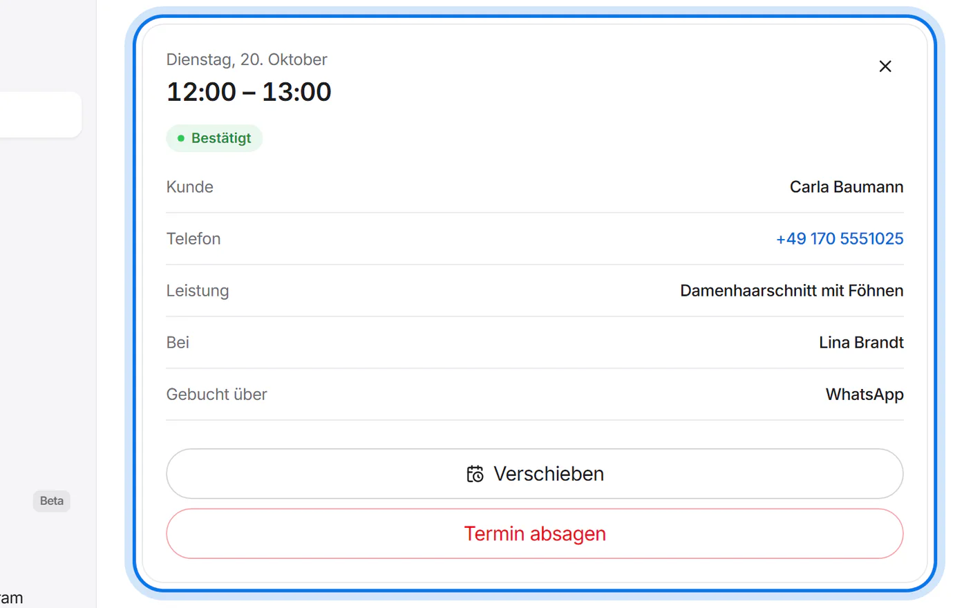 Die Details eines Termins mit Datum, Uhrzeit, Kunde, Telefon, Leistung und Person, markiert.