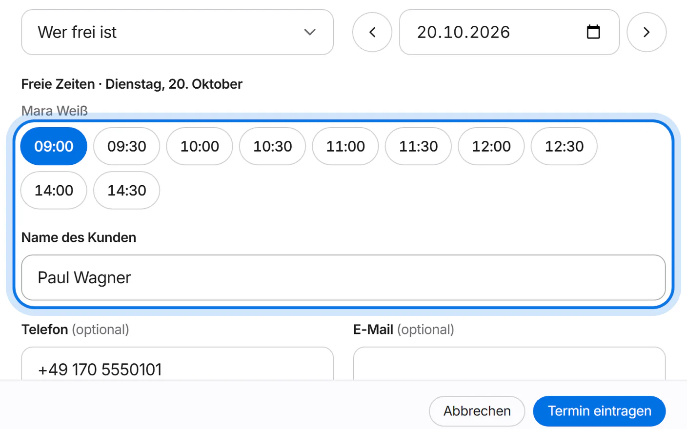 Fenster „Termin eintragen“: eine freie Uhrzeit ist gewählt und der Name eingetragen, beides markiert.