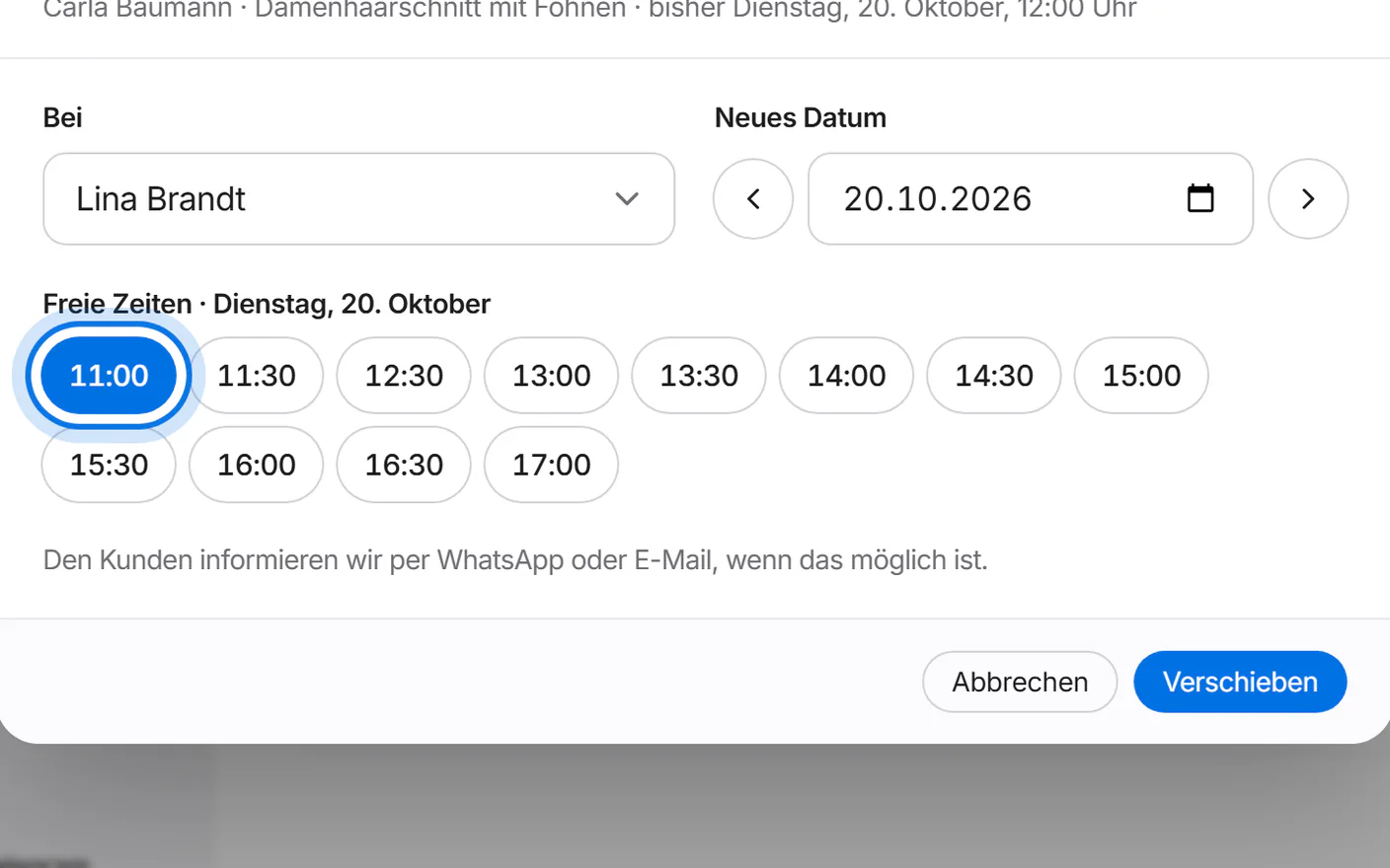 Fenster „Termin verschieben“: eine neue freie Uhrzeit ist gewählt und markiert.