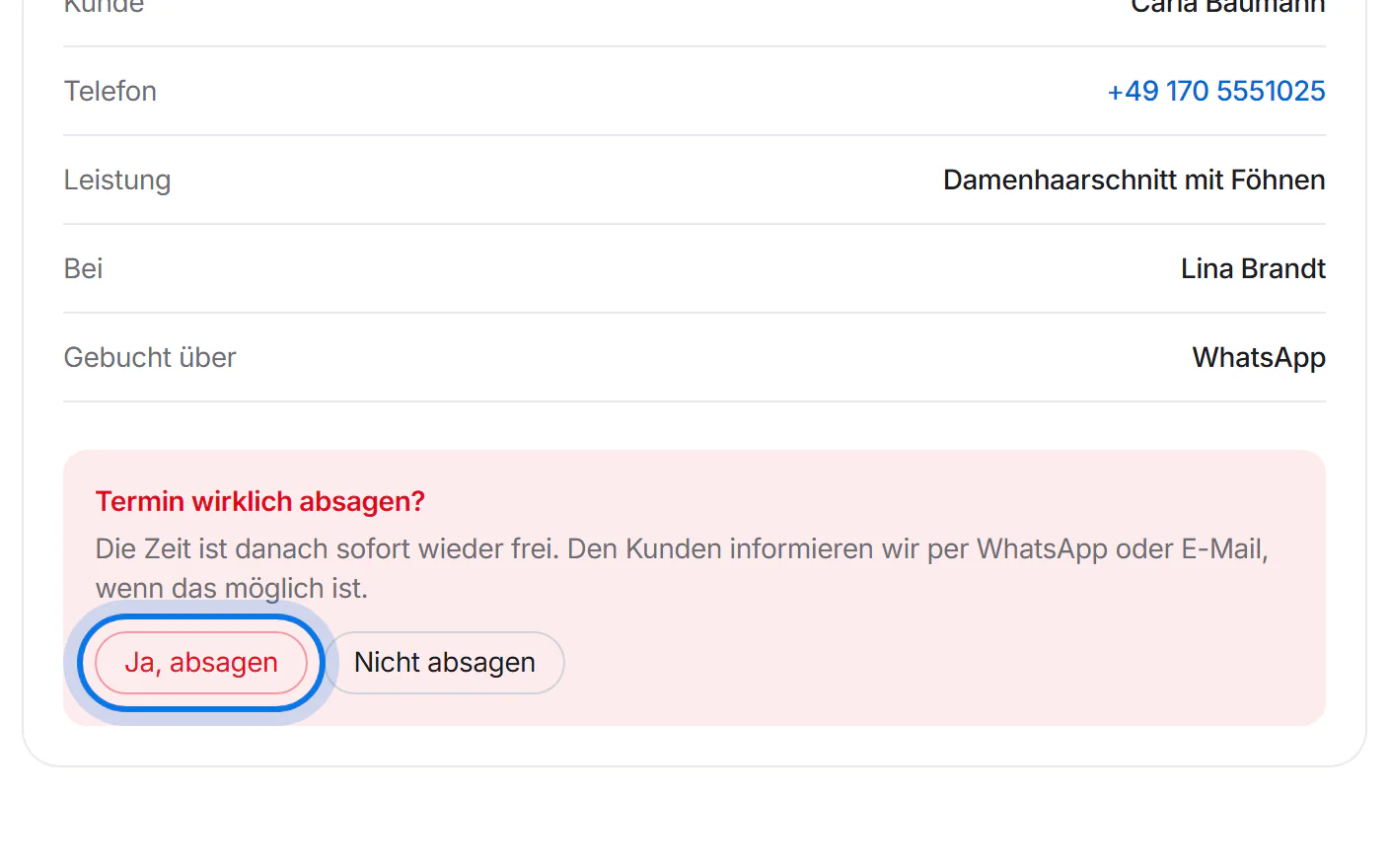 Rückfrage „Termin wirklich absagen?“ mit dem markierten Knopf „Ja, absagen“.