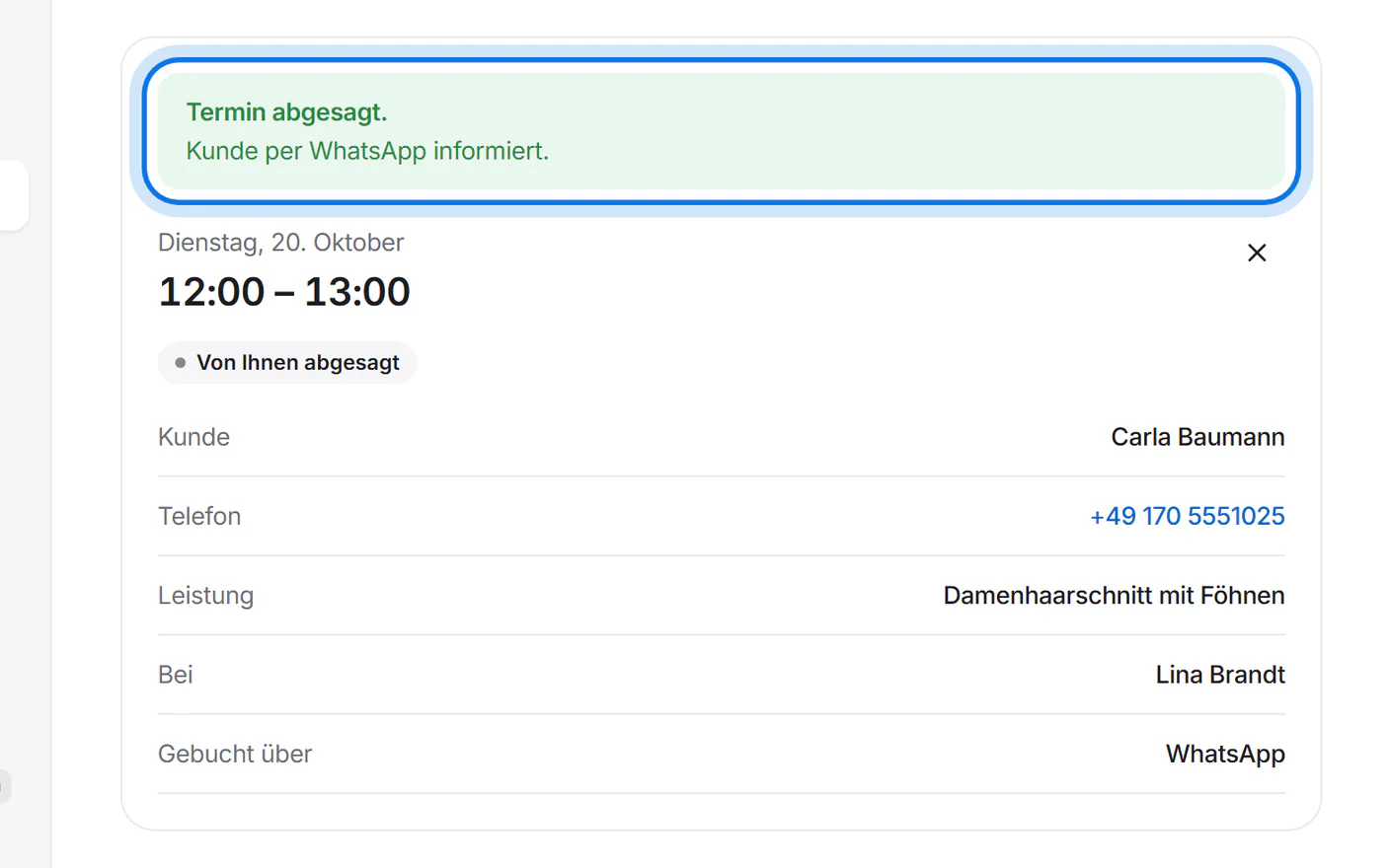 Grüne Meldung „Termin abgesagt. Kunde per WhatsApp informiert.“, markiert.