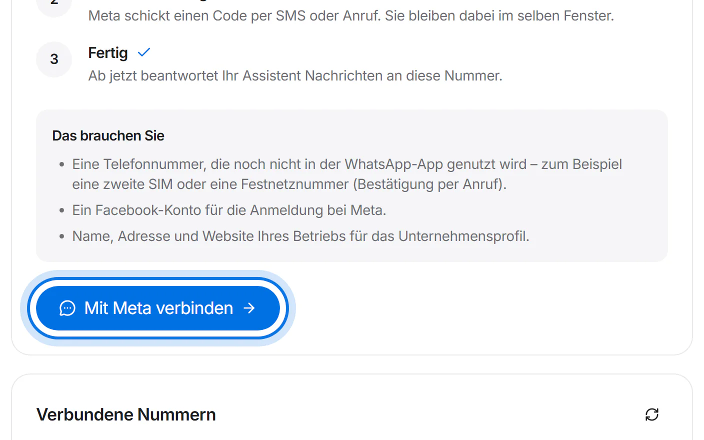 Der blaue Knopf „Mit Meta verbinden“ ist markiert.
