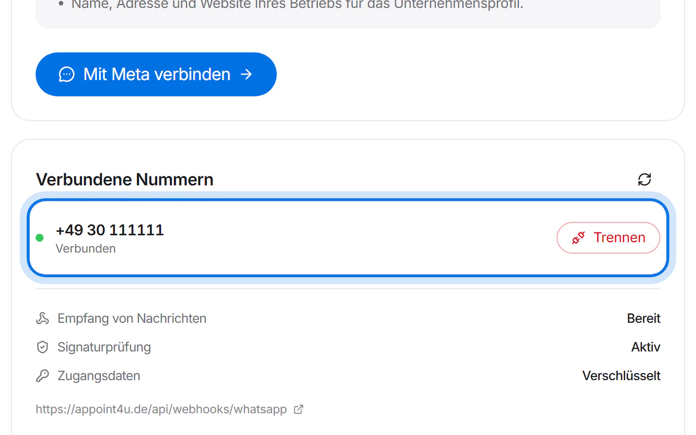 Bereich „Verbundene Nummern“: die Nummer mit dem Status „Verbunden“ ist markiert.